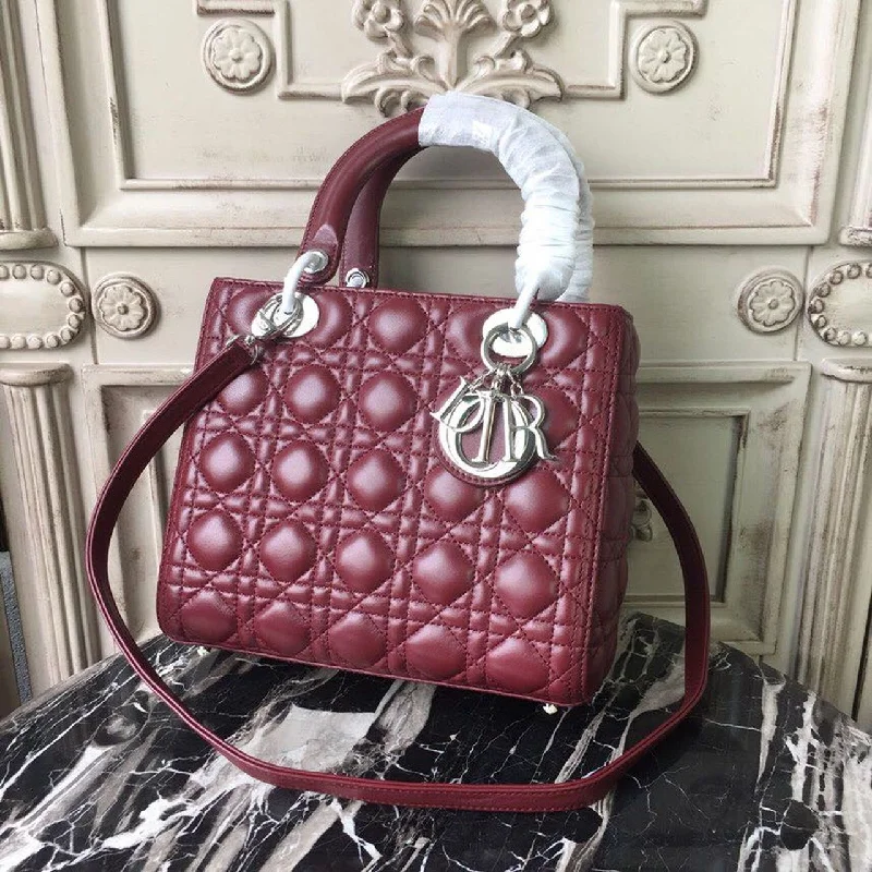 Christian Dior Medium Lady Dior Bag Silver Hardware Burgundy For Women 9.5in/24cm CD