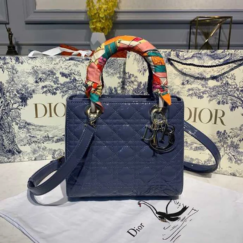 Christian Dior Medium Lady Dior Bag Silver Hardware Deep Blue Patent For Women 9.5in/24cm CD