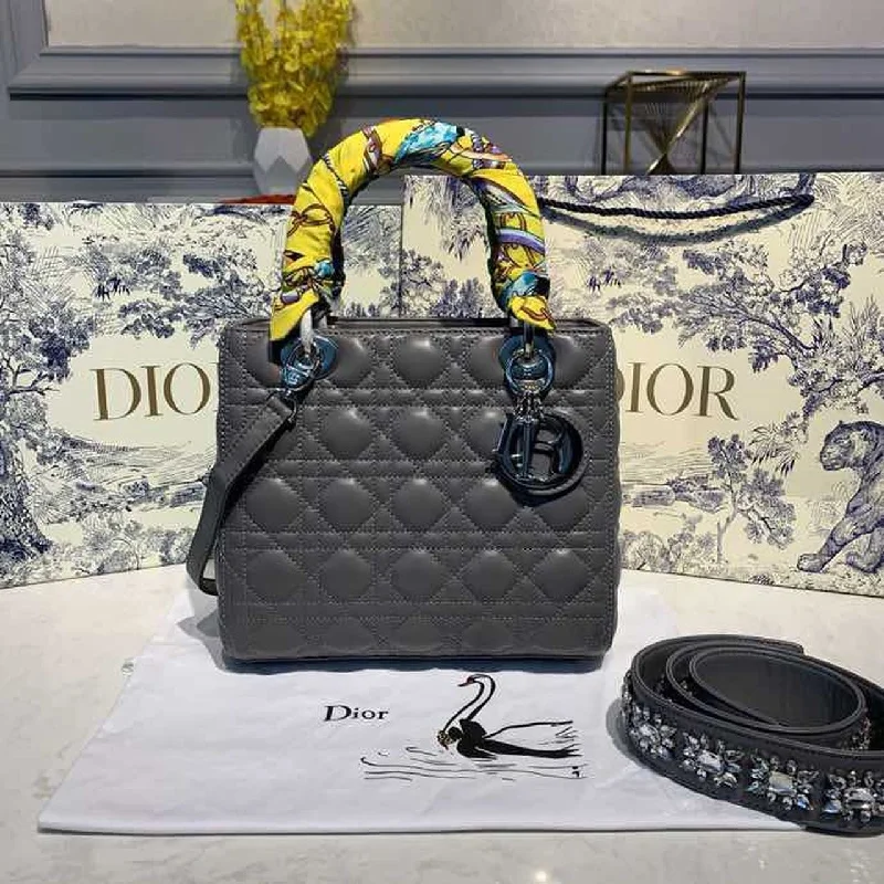 Christian Dior Medium Lady Dior Bag Silver Hardware with Embellished Bag Strap Dark Grey For Women 9.5in/24cm CD