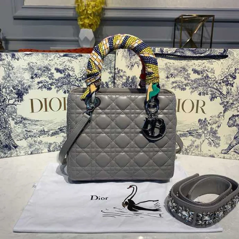 Christian Dior Medium Lady Dior Bag Silver Hardware with Embellished Bag Strap Grey For Women 9.5in/24cm CD