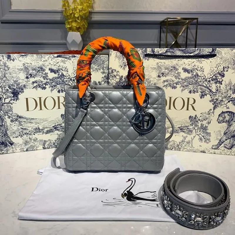 Christian Dior Medium Lady Dior Bag Silver Hardware with Embellished Bag Strap Pearl Grey For Women 9.5in/24cm CD