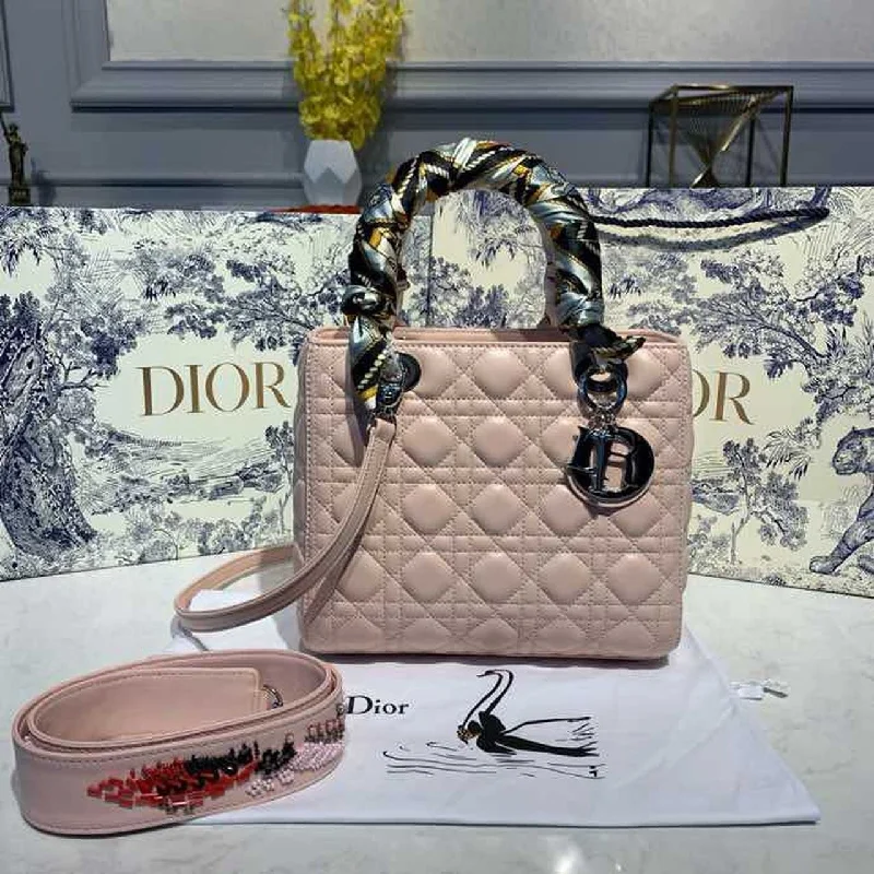 Christian Dior Medium Lady Dior Bag Silver Hardware with Embellished Bag Strap Pink For Women 9.5in/24cm CD