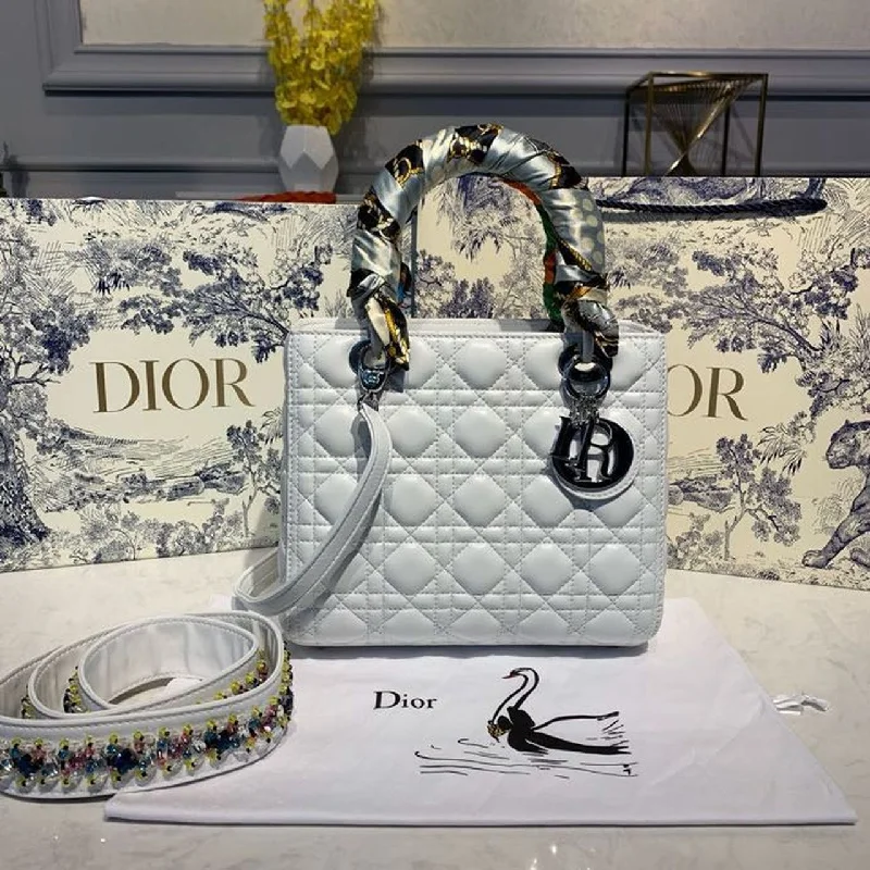 Christian Dior Medium Lady Dior Bag Silver Hardware with Embellished Bag Strap White For Women 9.5in/24cm CD