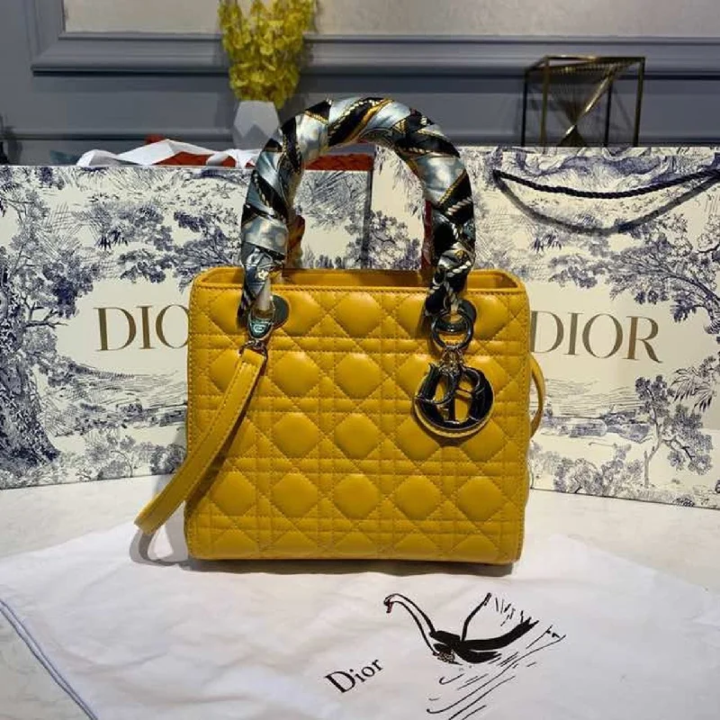 Christian Dior Medium Lady Dior Bag Silver Hardware Yellow For Women 9.5in/24cm CD