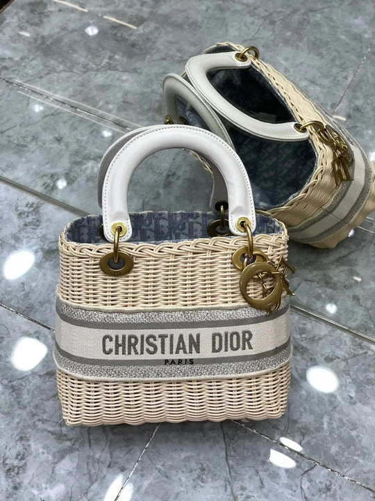 Christian Dior Medium Lady Natural Wicker and Blue Dior Oblique Jacquard Dior Bag. Blue. For Women Women-s Handbags. 24cm CD M0565CMVO_M808