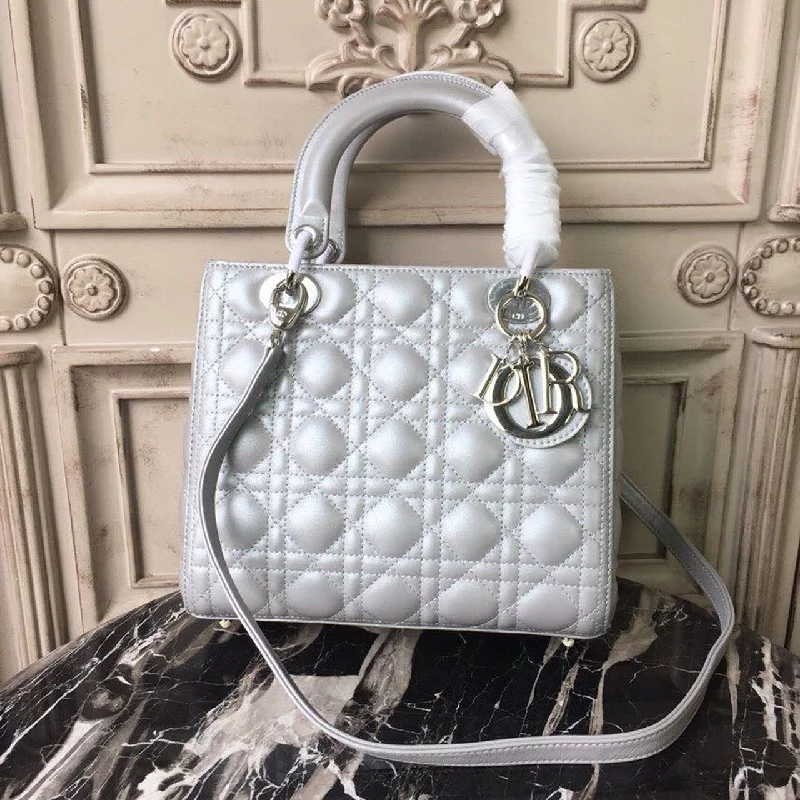 Christian Dior Medium Opaline Gray Pearlescent Cannage Lady Dior Bag Hardware Pearl Gold For Women 9.5in/24cm CD