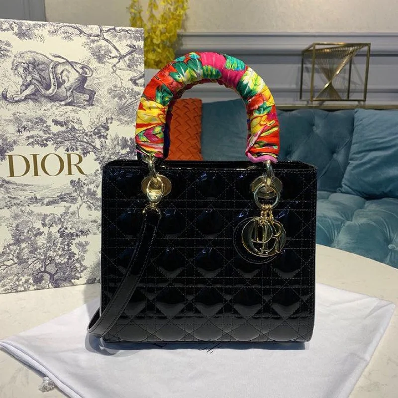 Christian Dior Medium Patent Lady Dior Bag Black For Women 24cm/9in