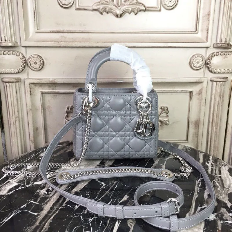 Christian Dior Mini Lady Dior Bag 18cm with Chain Silver Hardware Lambskin Grey For Women 6.5in/17cm CD