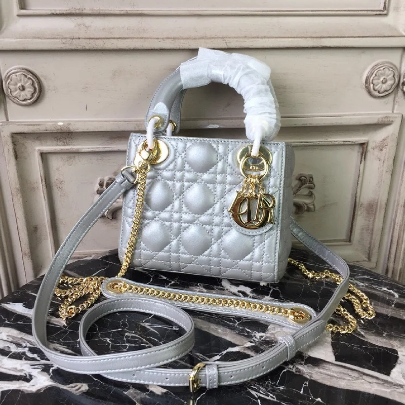 Christian Dior Mini Lady Dior Bag Silver with Chain Gold Toned Hardware For Women 6.5in/17cm CD