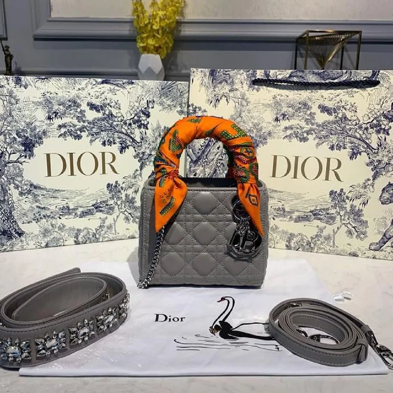 Christian Dior Mini Lady Dior Bag with Chain and Embellished Bag Strap Silver Hardware Spring/Summer Collection. Grey. For Women Women-s Handbags. 18cm CD