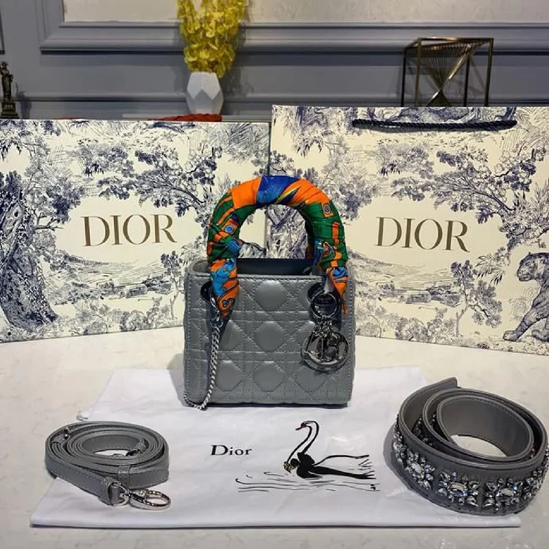 Christian Dior Mini Lady Dior Bag with Chain and Embellished Bag Strap Silver Hardware Spring/Summer Collection. Pearl Grey. For Women Women-s Handbags. 18cm CD M0505OADU_M11G