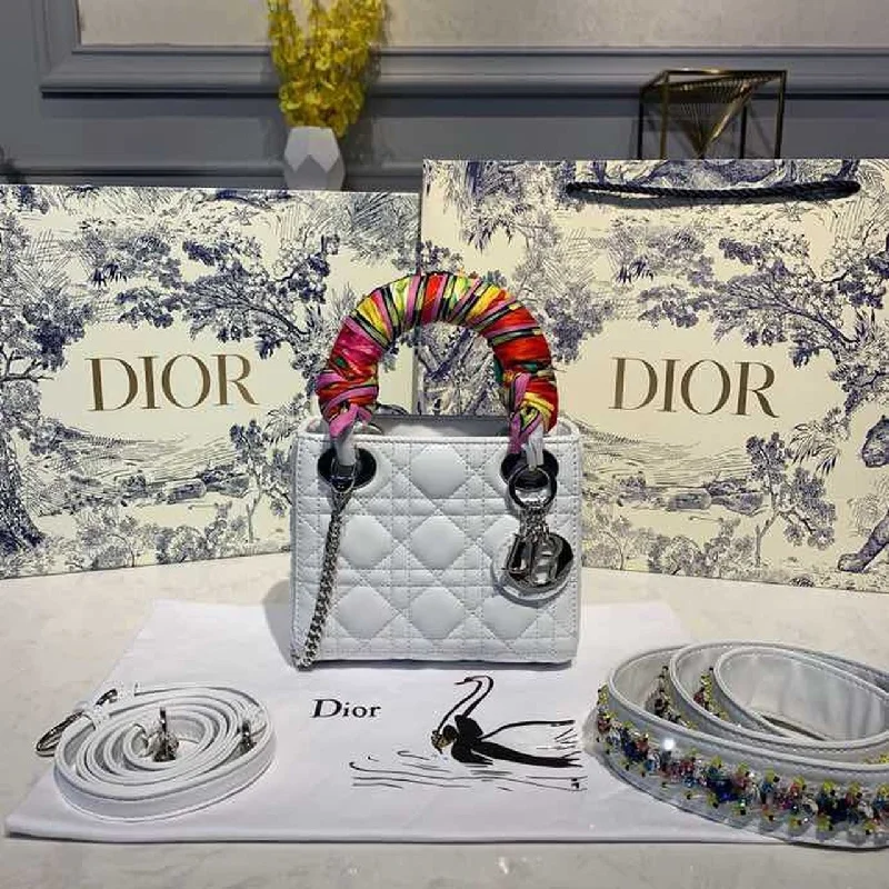 Christian Dior Mini Lady Dior Bag with Chain and Embellished Bag Strap Silver Hardware Spring/Summer Collection. White. For Women Women-s Handbags. 18cm CD