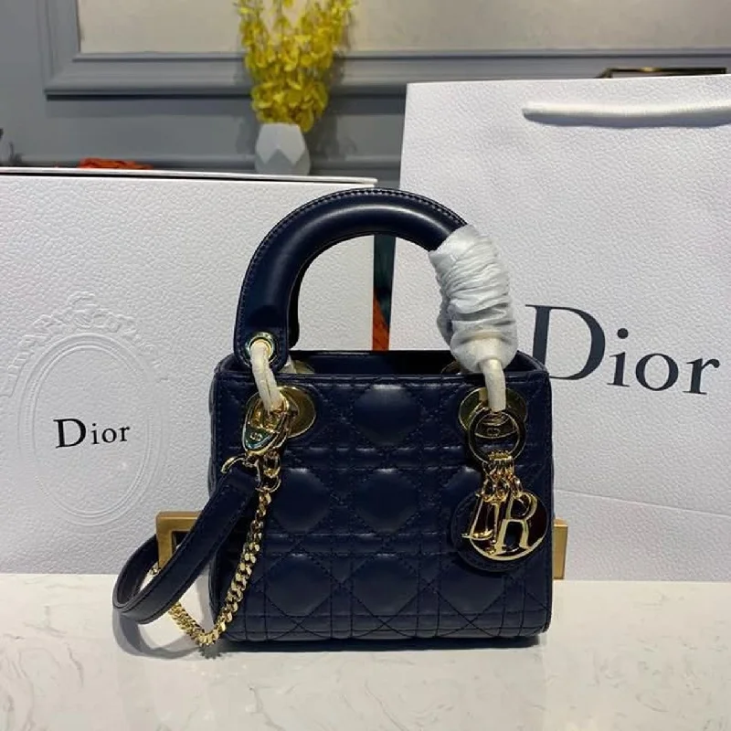 Christian Dior Mini Lady Dior Bag with Chain Gold Toned Hardware Navy Blue For Women 6.5in/17cm CD