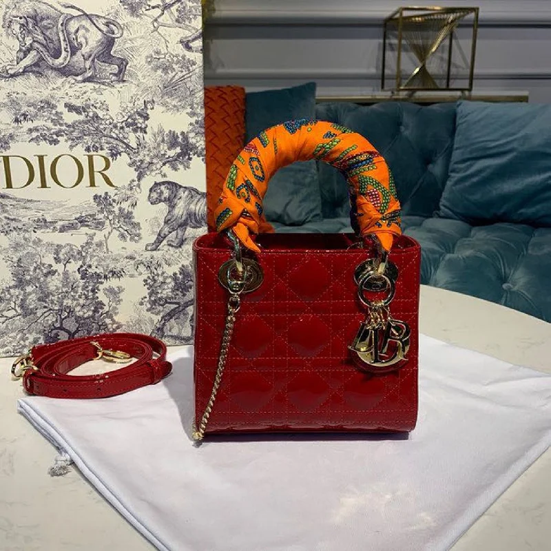 Christian Dior Mini Lady Dior Bag with Chain Gold Toned Hardware Spring/Summer Collection. Red. For Women Women-s Handbags. 18cm CD M0505OCAL