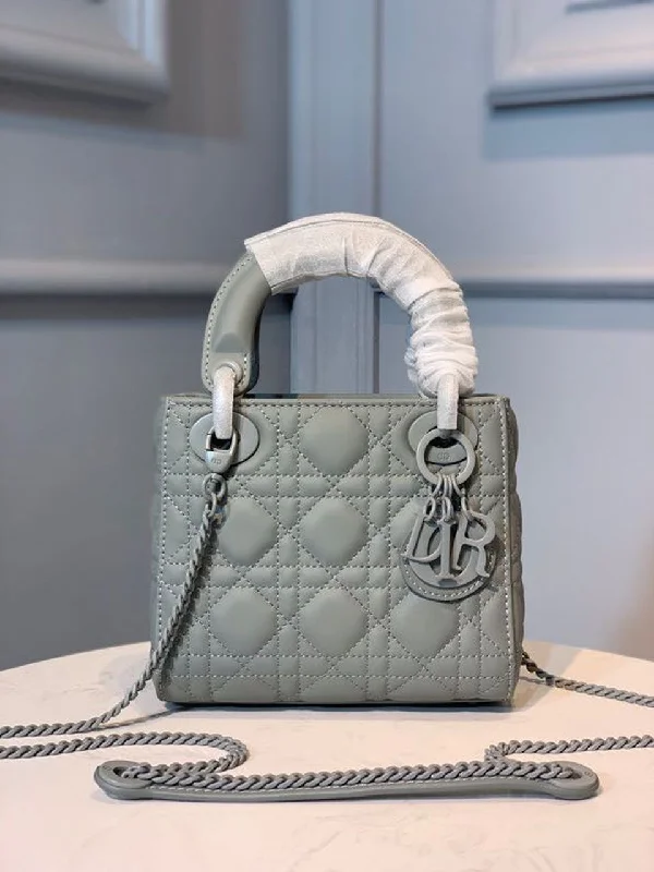 Christian Dior Mini Lady Dior Bag with Chain Matte Hardware Spring/Summer Collection. Pewter Blue. For Women Women-s Handbags. 18cm CD