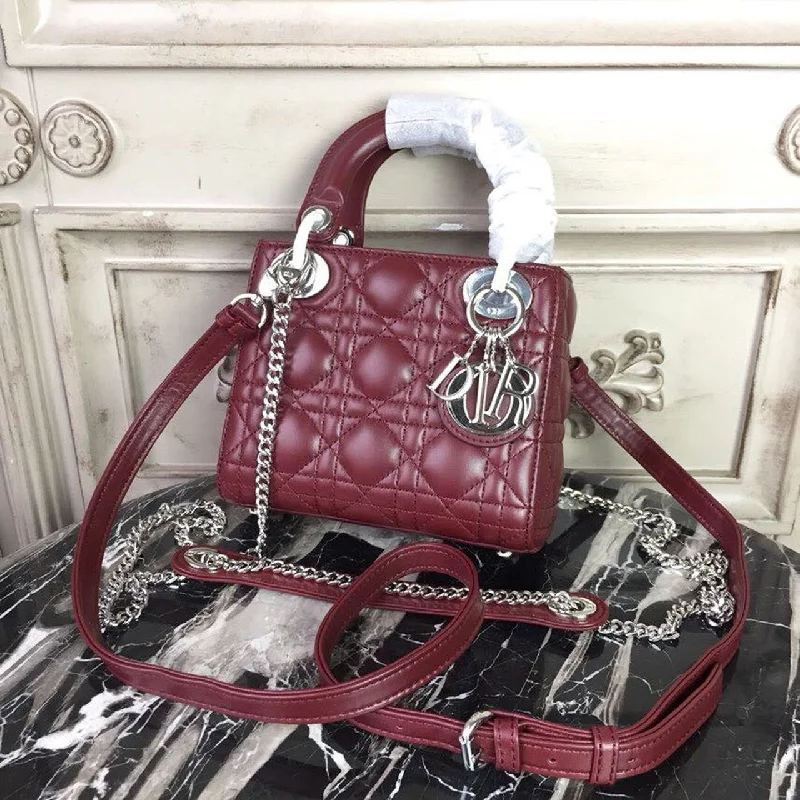 Christian Dior Mini Lady Dior Bag with Chain Silver Hardware Burgundy For Women 6.5in/17cm CD