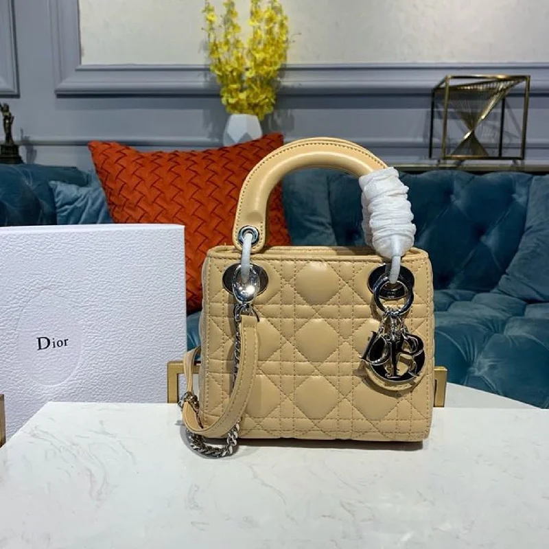 Christian Dior Mini Lady Dior Bag with Chain Silver Hardware Spring/Summer Collection. Beige. For Women Women-s Handbags. 18cm CD