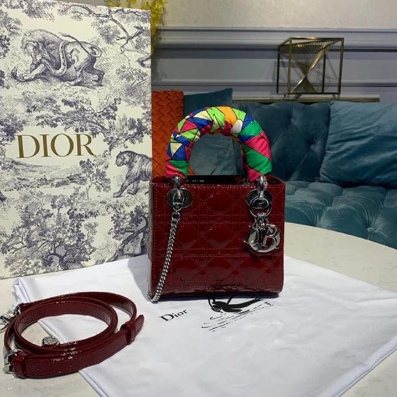 Christian Dior Mini Lady Dior Bag with Chain Silver Hardware Spring/Summer Collection. Burgundy. For Women Women-s Handbags. 18cm CD M0505OCAL