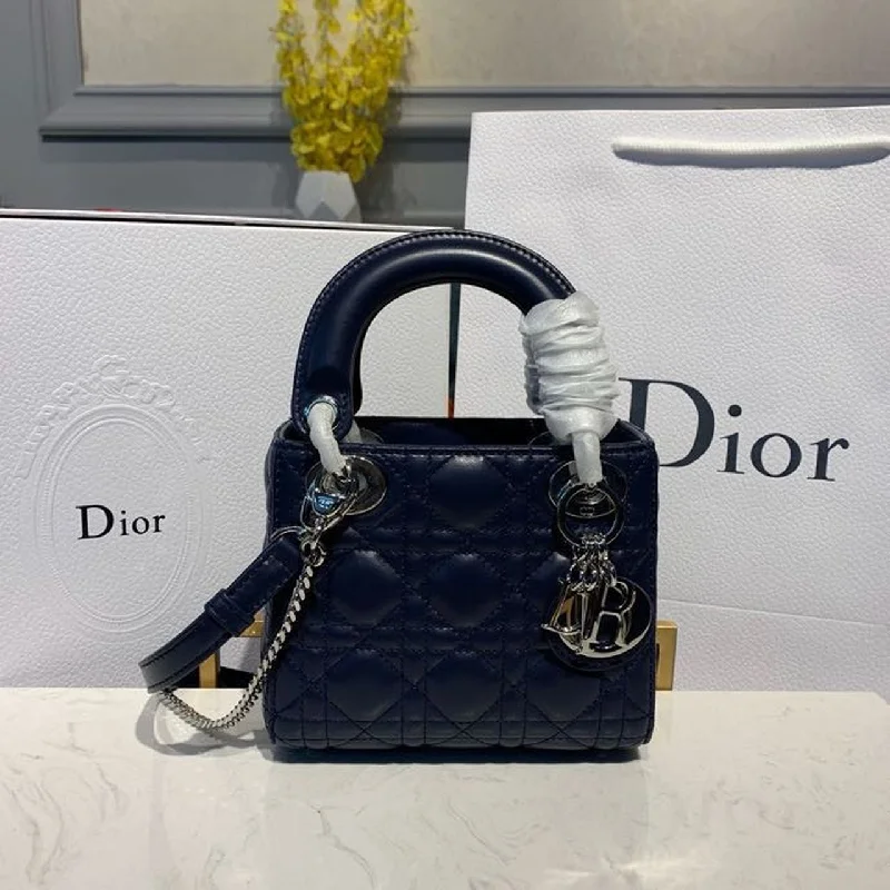 Christian Dior Mini Lady Dior Bag with Chain Silver Hardware Spring/Summer Collection. Navy Blue. For Women Women-s Handbags. 18cm CD