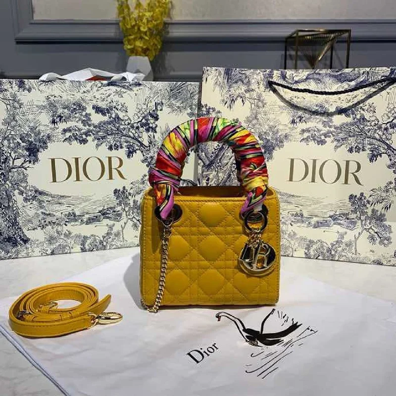 Christian Dior Mini Lady Dior Bag with Chain Silver Hardware Spring/Summer Collection. Yellow. For Women Women-s Handbags. 18cm CD