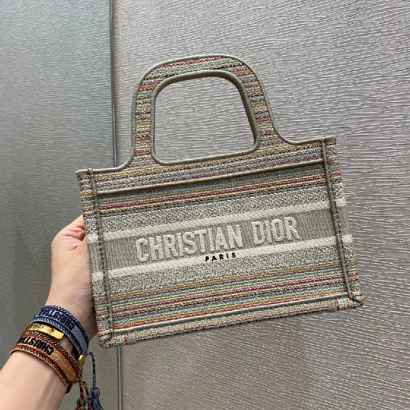 Christian Dior Small Dior Book Tote Bag Canvas Stripes Embroidery For Women 23cm/9in CD