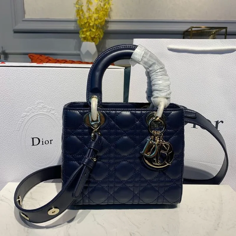 Christian Dior Small Lady Dior Bag Gold Toned Hardware Navy Blue For Women 8in/20cm CD