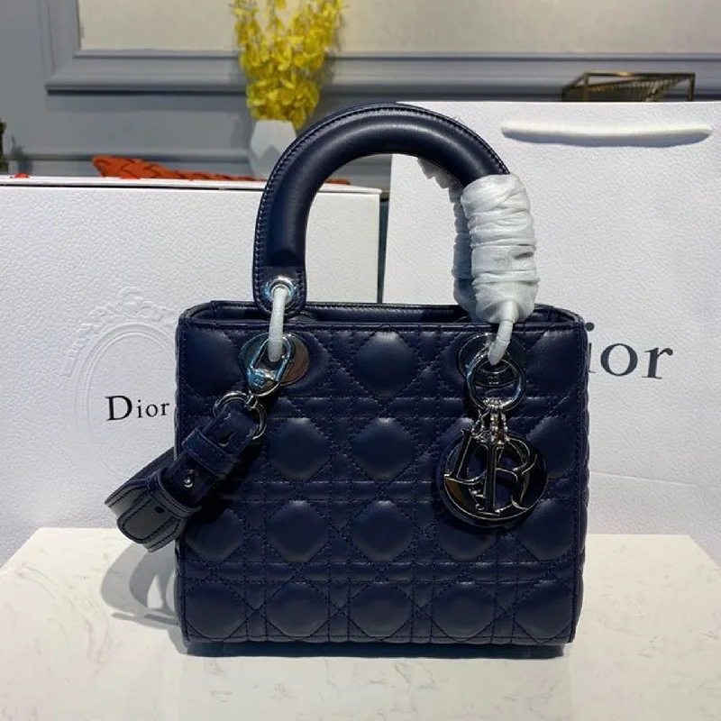 Christian Dior Small Lady Dior Bag Silver Hardware Navy Blue For Women 8in/20cm CD