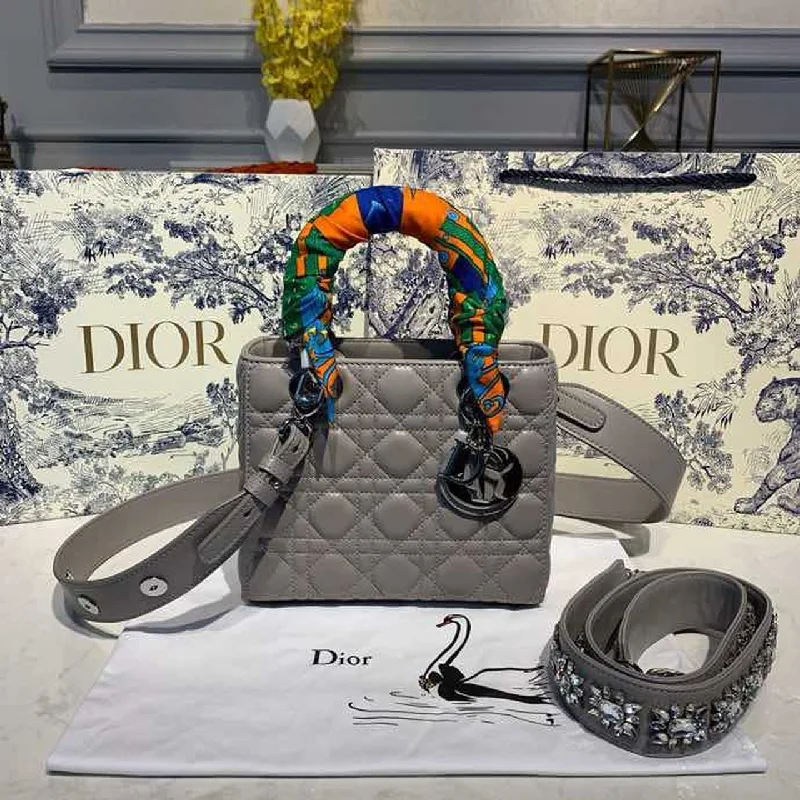 Christian Dior Small Lady Dior Bag Silver Hardware with Embellished Bag Strap Grey For Women 8in/20cm CD