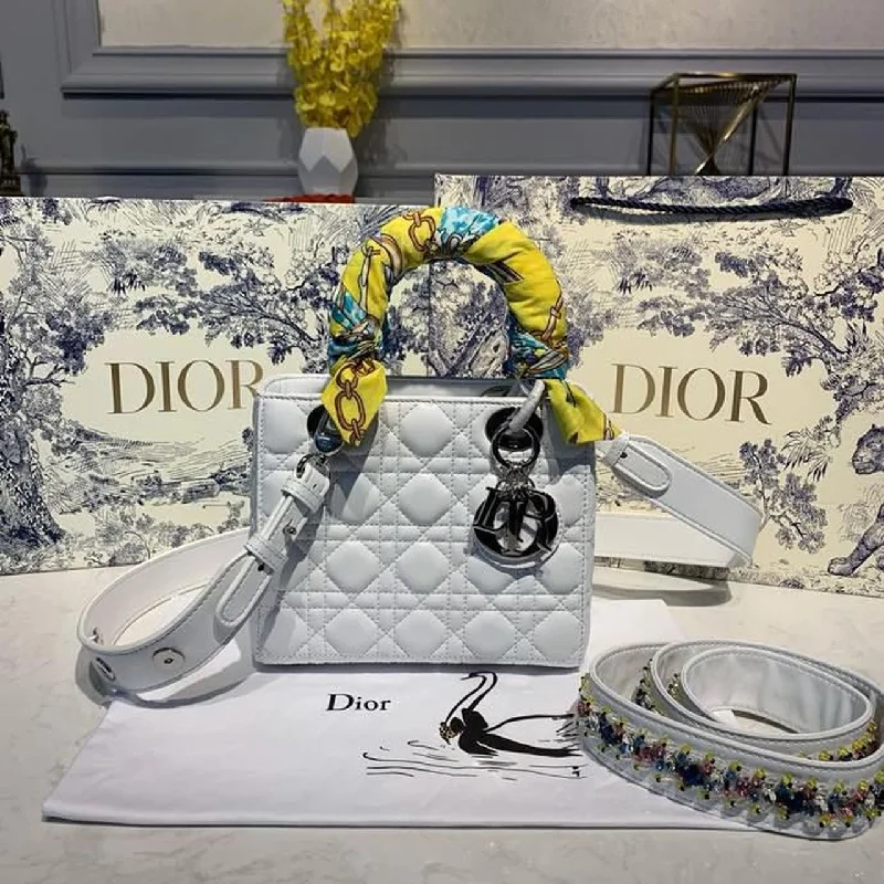 Christian Dior Small Lady Dior Bag Silver Hardware with Embellished Bag Strap White For Women 8in/20cm CD