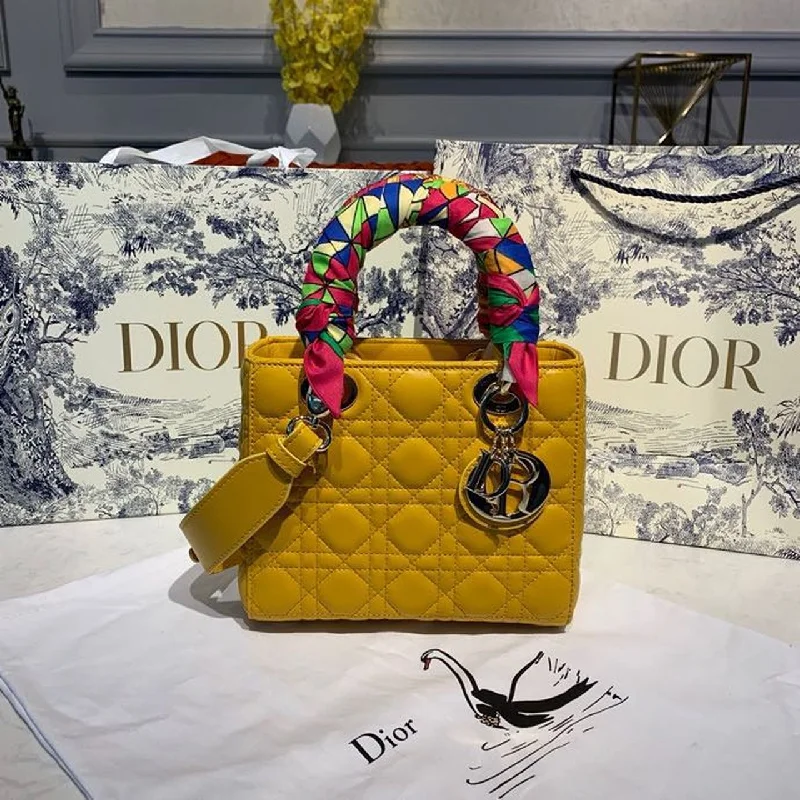 Christian Dior Small Lady Dior Bag Silver Hardware Yellow For Women 8in/20cm CD