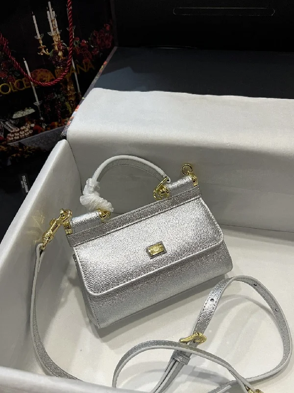 Dolce and Gabbana Small Sicily Bag In Dauphine Silver For Women 7.5in/19cm DG