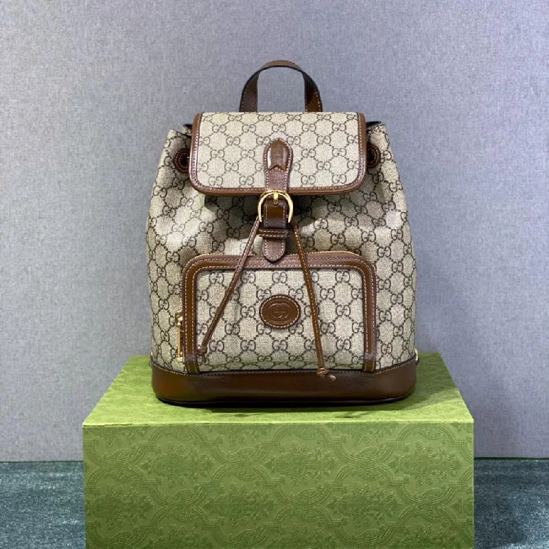 Gucci Backpack With Interlocking G Beige And Ebony GG Supreme Canvas Brown 11.8in/30cm GG 674147 92THG 8563