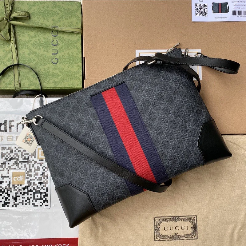 Gucci Black Messenger Black/Grey GG Supreme Canvas Blue And Red Web For Men 14in/35cm 474139 K5ICN 1095