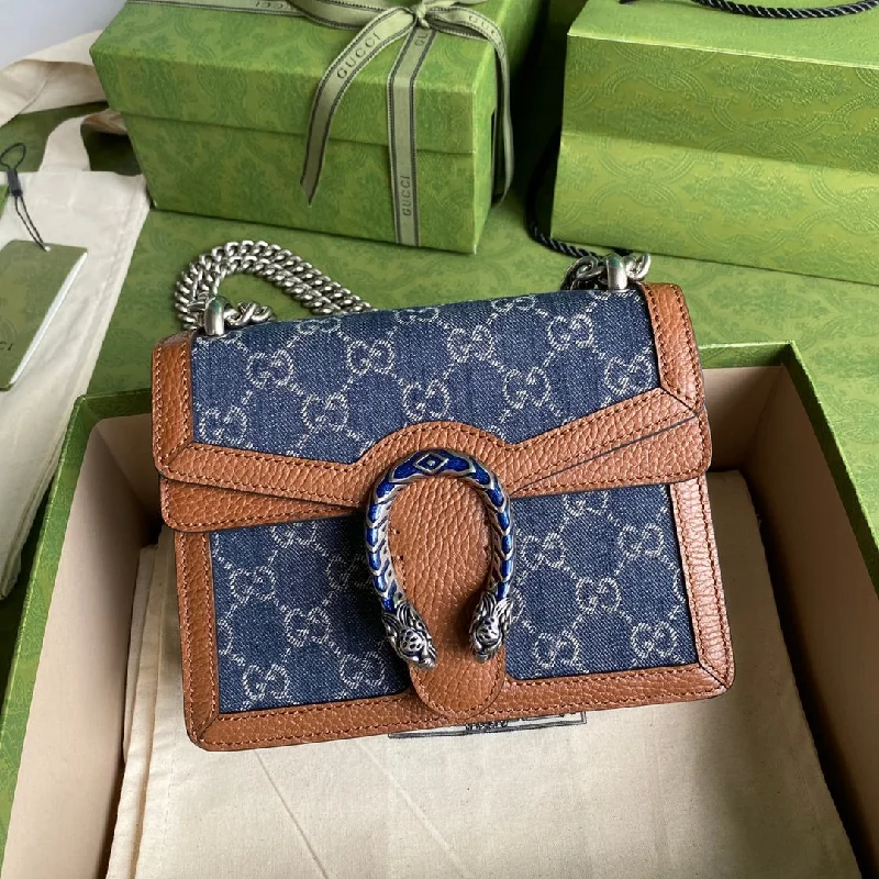 Gucci Dionysus Mini Bag Dark Blue And Ivory Eco Washed Organic GG Jacquard Denim Brown For Women 7.5in/19cm GG 421970 2KQFN 4483