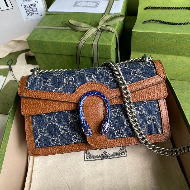 Gucci Dionysus Small Shoulder Bag Dark Blue And Ivory Eco Washed Organic GG Jacquard Deni For Women 11in/28cm 400249 2KQFN 4483