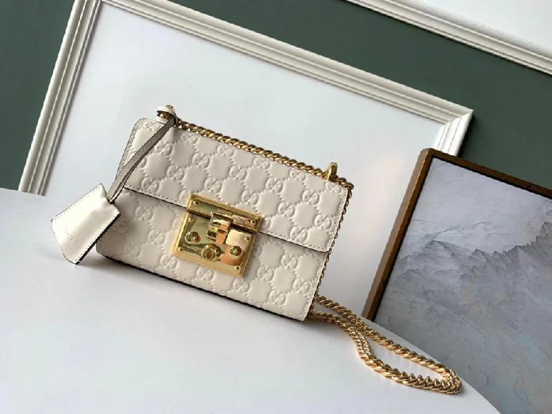 Gucci GG Embossed Padlock Shoulder Bag White Milky For Women 8in/20cm