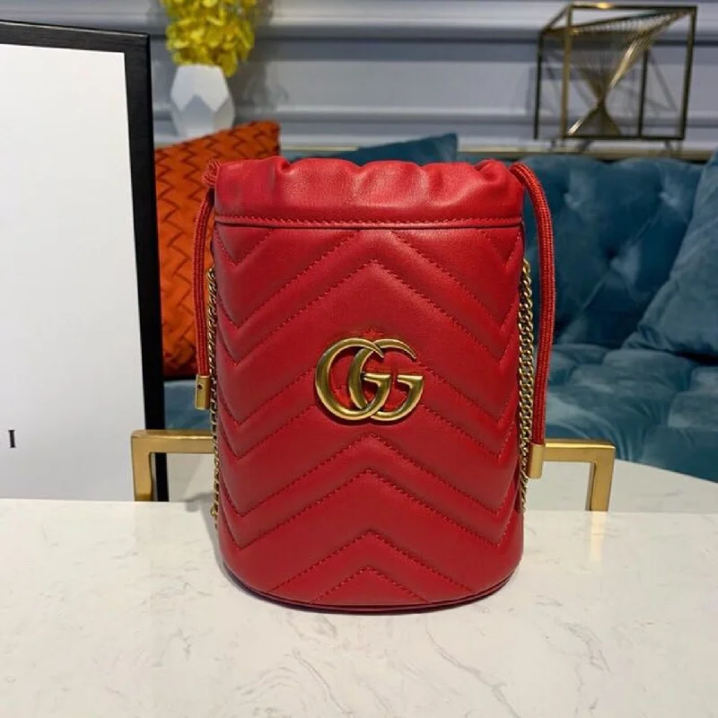 Gucci GG Marmont Mini Bucket Bag Hibiscus Red Matelass Chevron For Women 6in/13cm GG 575163