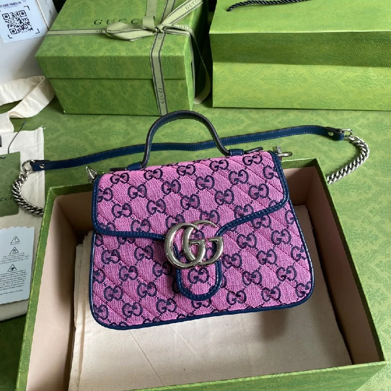 Gucci GG Marmont Mini Top Handle Bag In Pink And Blue GG Canvas For Women 8.3in/21cm GG