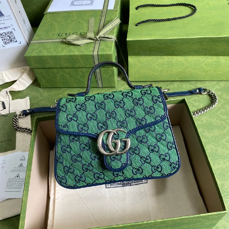 Gucci GG Marmont Multicolour Mini Top Handle Bag Green Blue For Women 8in/20cm GG