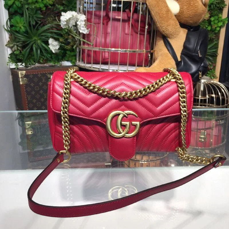 Gucci GG Marmont Small Matelass Shoulder Bag Hibiscus Red Matelass Chevron For Women 10in/26cm GG 443497 DRW3T 6433