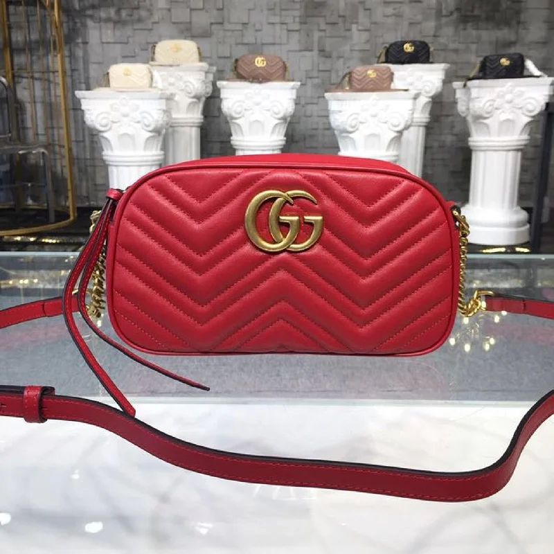 Gucci GG Marmont Small Matelass Shoulder Bag Hibiscus Red Matelass Chevron For Women 9.5in/24cm GG 447632 DTD1T 6433