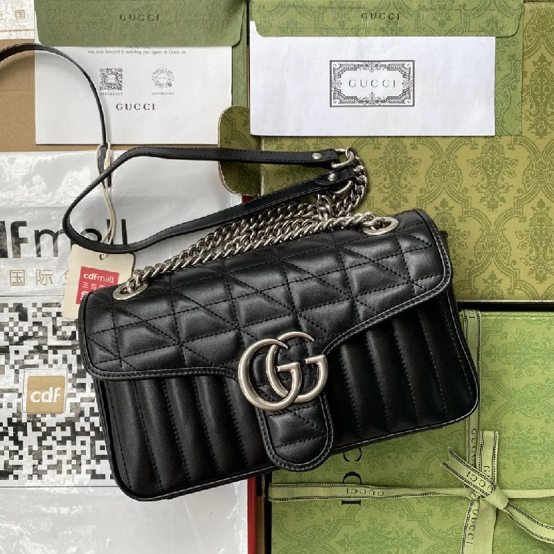 Gucci GG Marmont Small Shoulder Bag Black Matelass For Women  10in/26cm 443497 UM8AN 1000