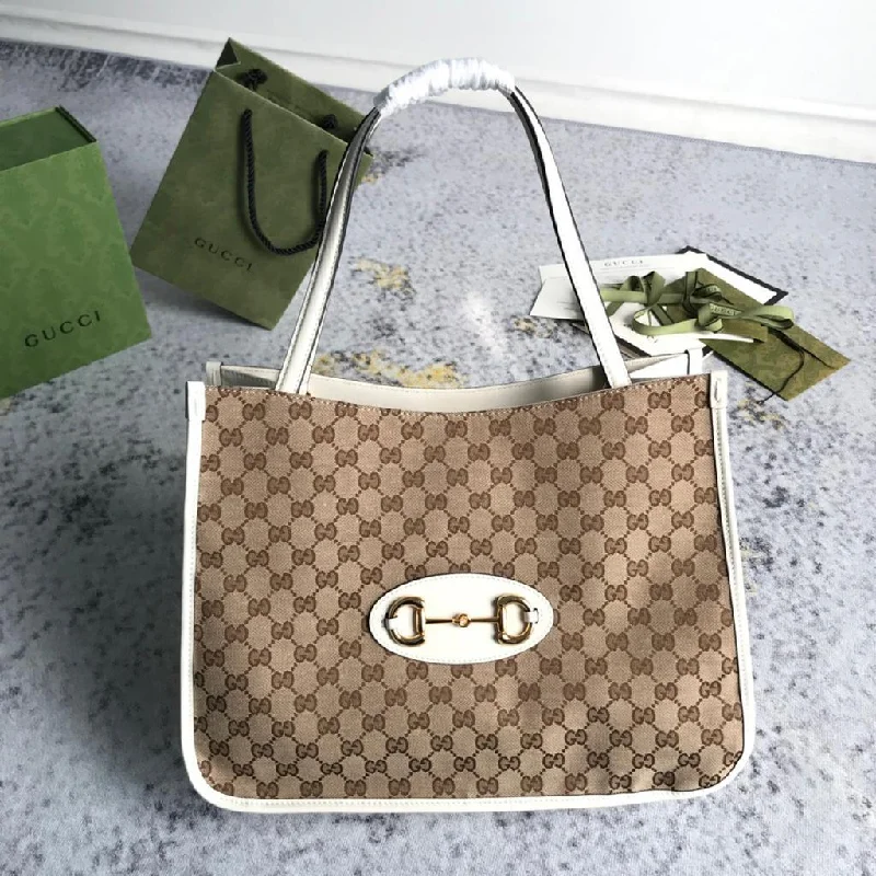 Gucci Horsebit 1955 Medium Tote Bag Beige/Ebony Original GG Canvas White For Women 15in/35cm GG 623694 GY5OG 9761