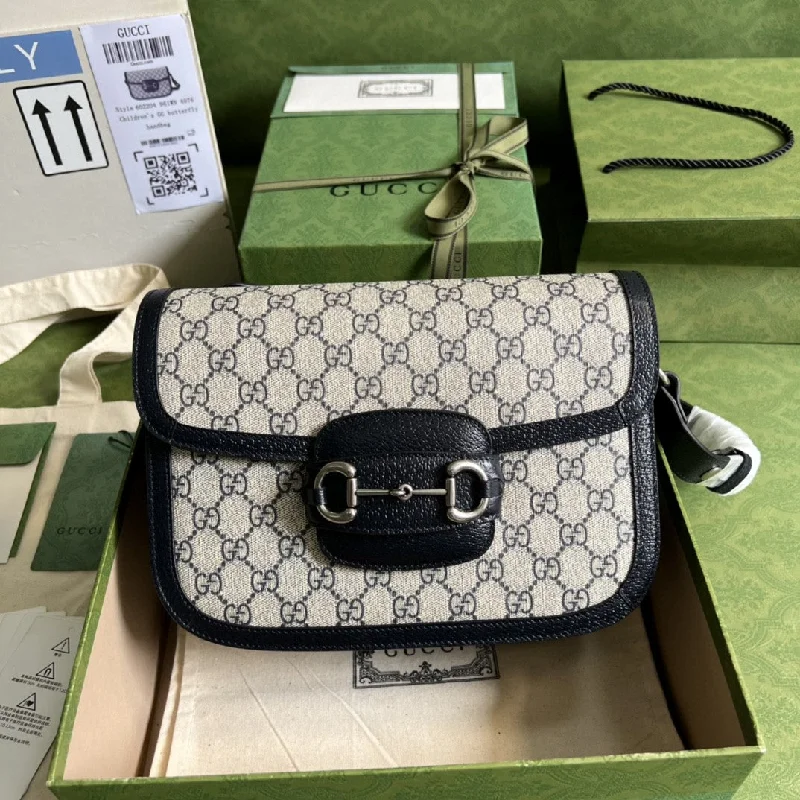 Gucci Horsebit 1955 Shoulder Bag Beige And Blue GG Supreme Canvas For Women 9.8in/25cm 602204 UN3BG 1274