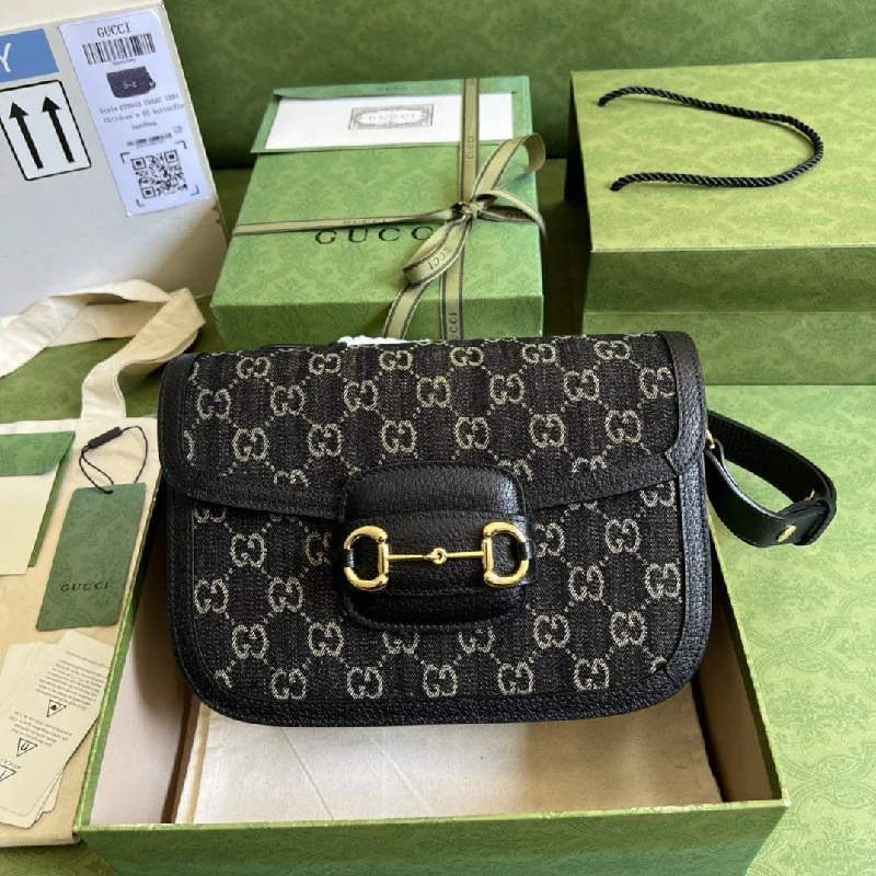 Gucci Horsebit 1955 Shoulder Bag Black And Ivory GG Denim Jacquard For Women 9.8in/25cm 602204 UN3BG 1274