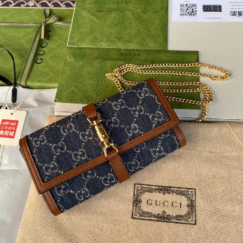 Gucci Jackie 1961 Chain Wallet Dark Blue And Ivory Eco Washed Organic GG Jacquard Denim For Women 7.5in/19cm 652681 2KQGG 8375