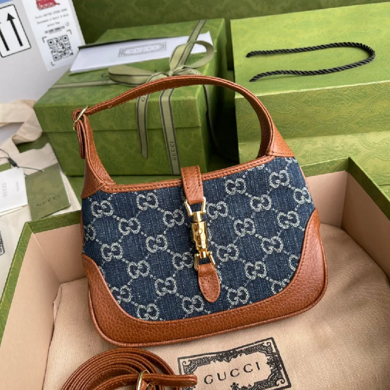 Gucci Jackie 1961 Mini Shoulder Bag Blue And Ivory GG Jacquard Denim For Women 7.5in/19cm GG ?637092 2KQGG 8375