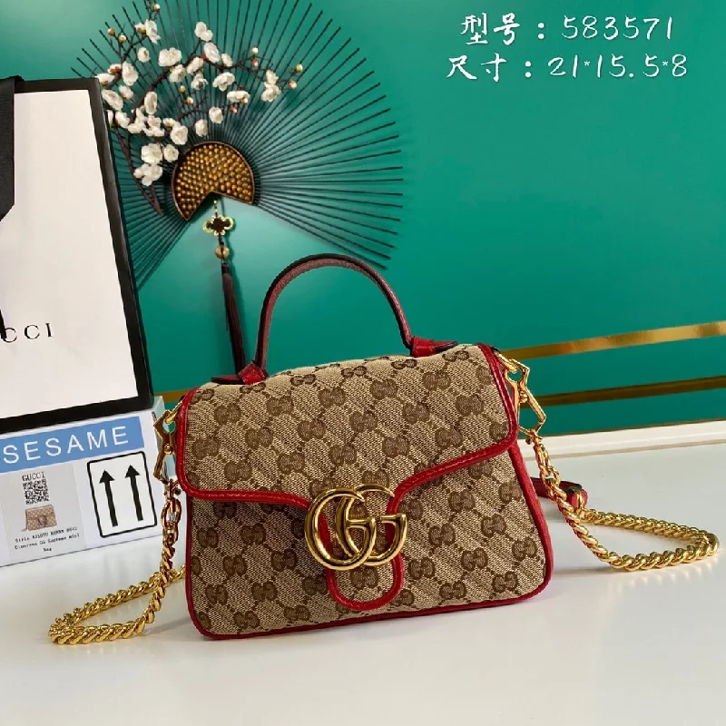 Gucci Ladies GG Canvas Marmont Mini Top Handle Bag Beige And Red GG Canvas For Women 8.3in/21cm GG 583571 HVKEG 8561