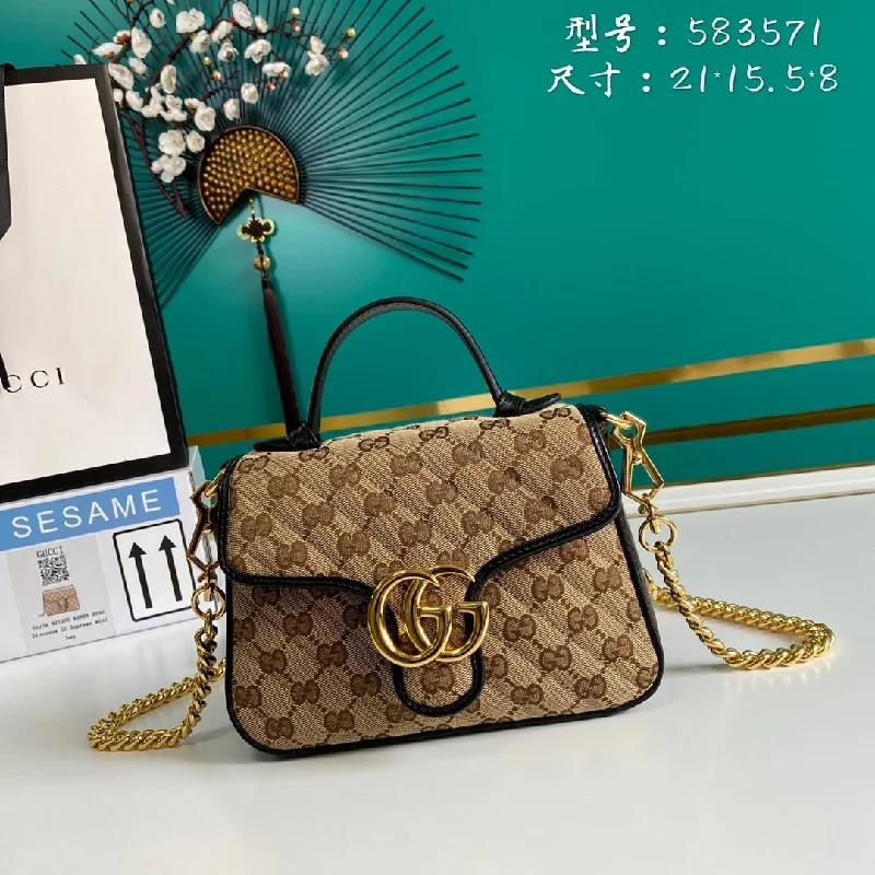 Gucci Ladies GG Canvas Marmont Mini Top Handle Bag Beige/Ebony Diagonal Matelass Original GG Canvas 8.3in/21cm GG 583571 HVKEG 9772