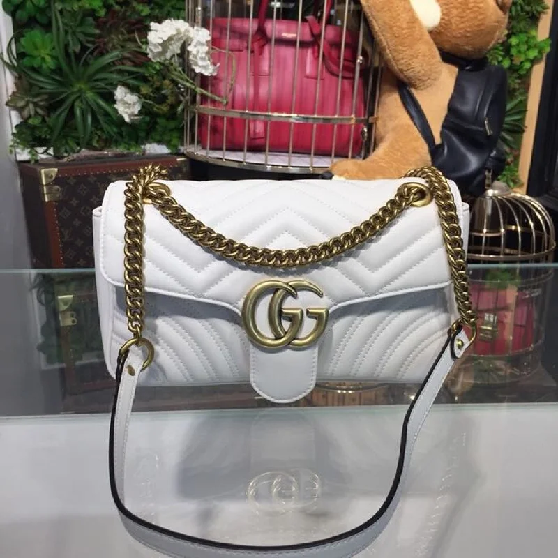 Gucci Marmont Small Matelass Shoulder Bag White Chevron For Women 10in/25cm 443497 DTDIT 9022